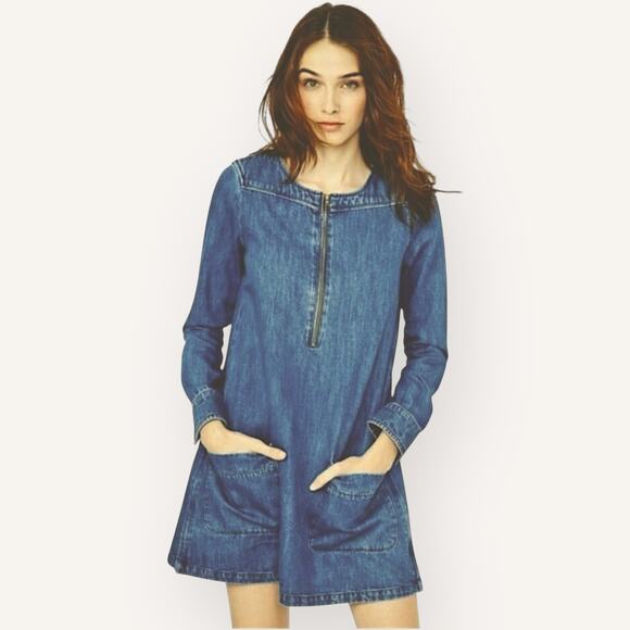 MAJE Roukia Denim Shift Dress Mini Dark Wash Long Sleeve Western Relaxed Y2K - Picture 1 of 13